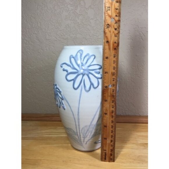 Studio Art Pottery Vase Raised Blue Flowers Cream Glaze Abstract Signed 8.75 in - Picture 16 of 16